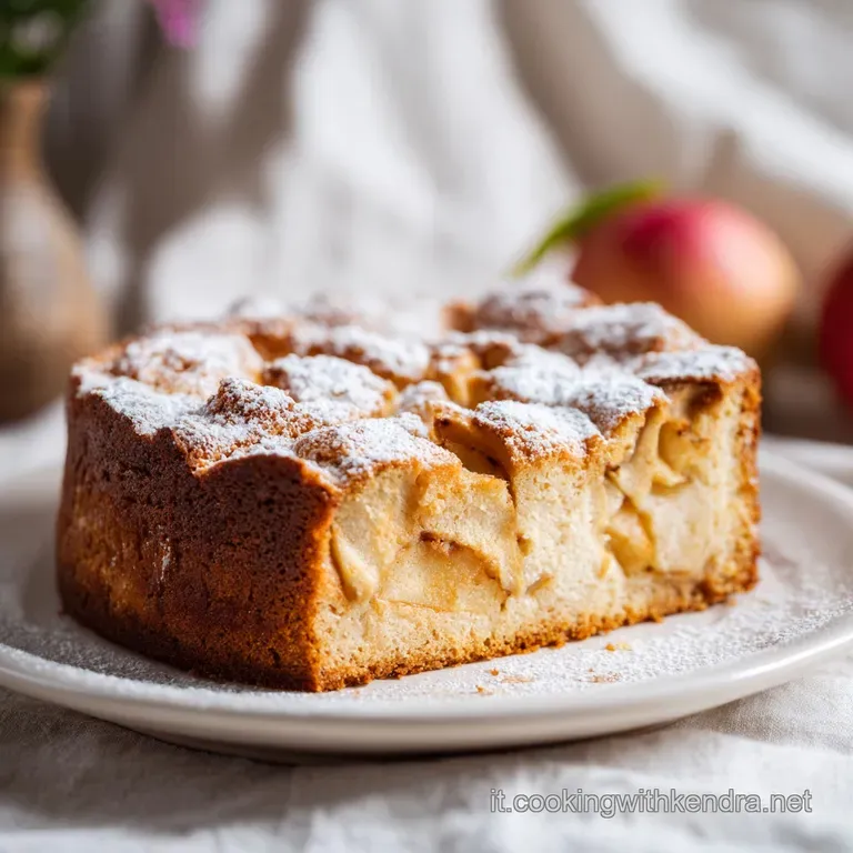 A slice of soft apple cake artfully placed on a white plate, showcasing its moist crumb and caramelised edges.