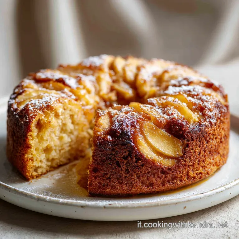 Slice of airy apple cake on a white plate, next to a dollop of whipped cream, showcasing its delicate texture and rustic c...