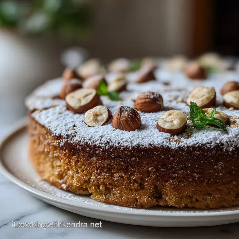 Slice of rich hazelnut cake revealing a dense, moist interior. Garnished with toasted hazelnuts and a light dusting of sugar.
