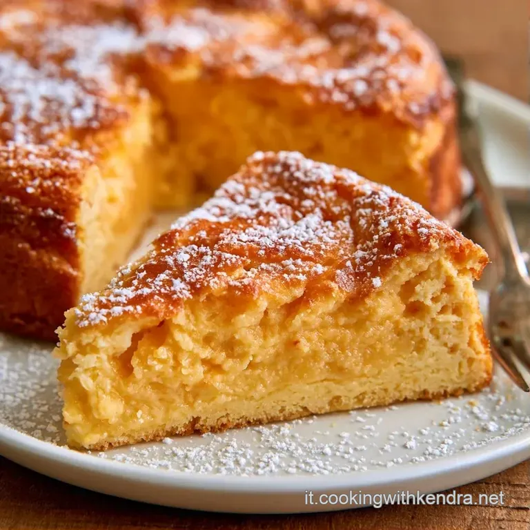 Fetta di torta bianca e cremosa su piatto elegante, con bordi bruni croccanti e un velo di zucchero sottile.