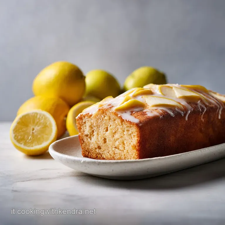 A slice of fluffy, pale yellow cake sits beside a scattering of thinly sliced apples and lemon.