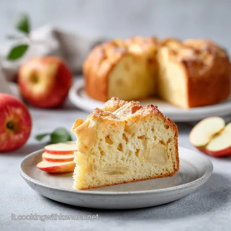 A slice of tender apple cake, adorned with a dollop of cream and a sprinkle of powdered sugar.