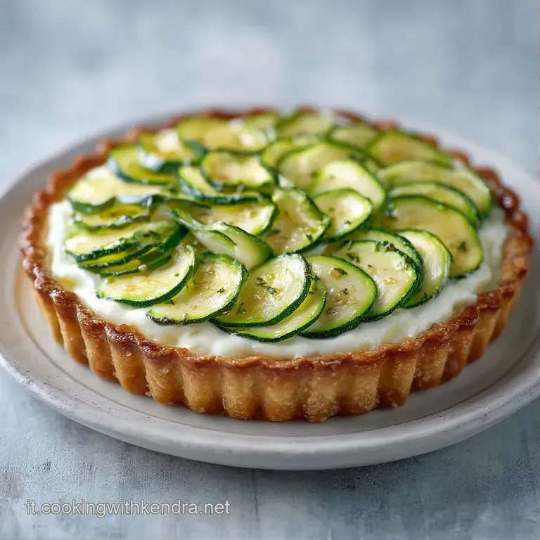 Fetta di torta salata dorata con cuore cremoso bianco e rondelle di zucchine, servita su piatto bianco minimale.