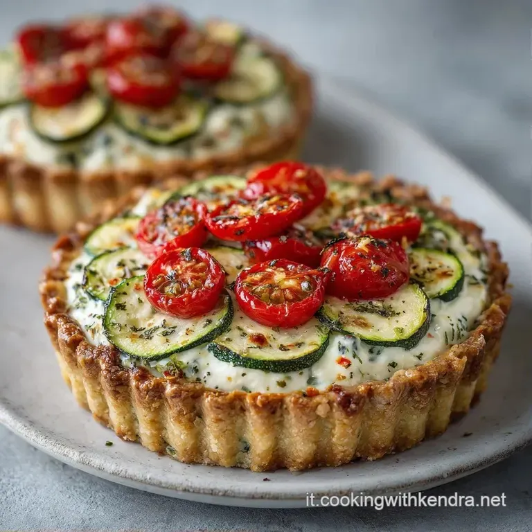 Fetta di torta salata su piatto bianco, crosta dorata e farcitura morbida con pomodorini lucidi e zucchine tenere.