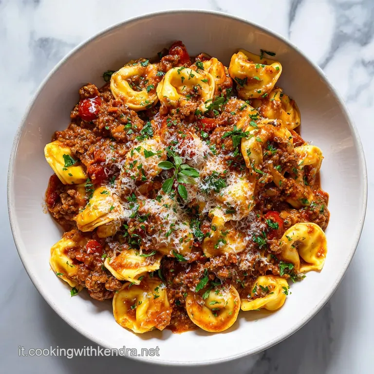 Elegant plating of vibrant, meat-filled tortellini with glistening Bolognese. A parmesan crisp adds height and visual inte...