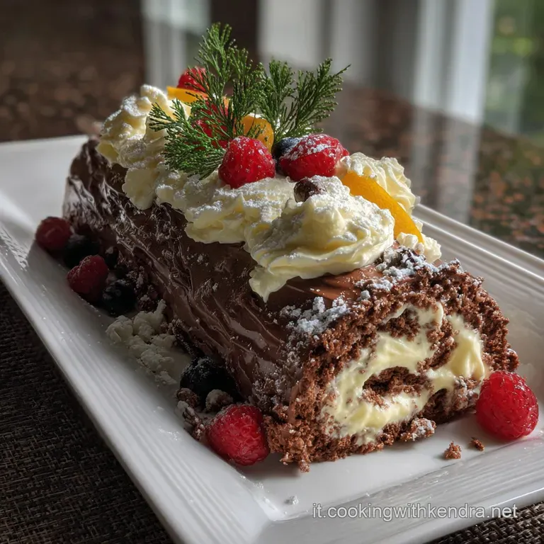 Slice of Tronchetto di Natale cake on a white plate, showcasing a tender, fluffy sponge cake with chocolate and cream fill...