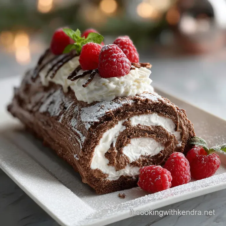 Slice of chocolate yule log cake with creamy filling, garnished with cocoa powder, fresh berries, and a sprig of evergreen.
