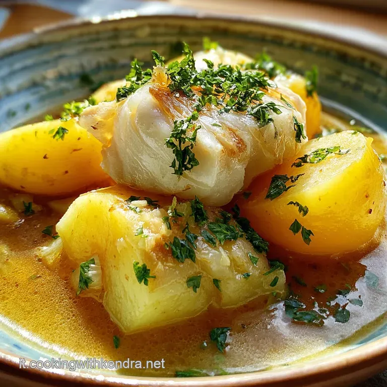 Baccal&agrave; in umido plated: Flaky white cod and potato stew, bright sauce, garnished with parsley, evokes Italian comfort food.