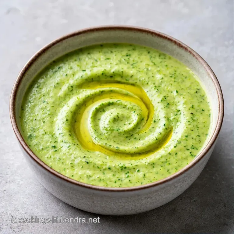 Vellutata liscia verde chiaro in piatto di design, decorata con un filo d'olio lucido e foglioline di menta fresca.
