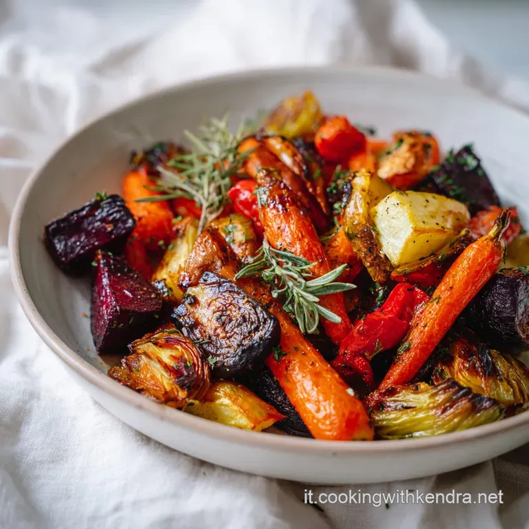 A vibrant medley of roasted root vegetables, artfully arranged on a rustic wooden board.