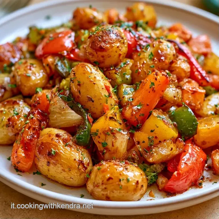 Verdure arrosto disposte con cura su un piatto bianco, tonalit&agrave; calde, texture croccante e un tocco di verde fresco.