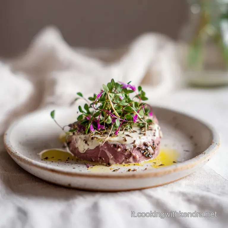 Delicate veal slices artfully arranged, coated in a pale, rich sauce with caper garnish.
