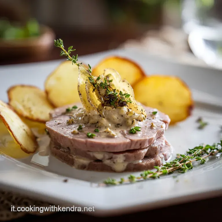 Elegant plate with thinly sliced veal, creamy tuna sauce, bright green capers, and a lemon wedge garnish.