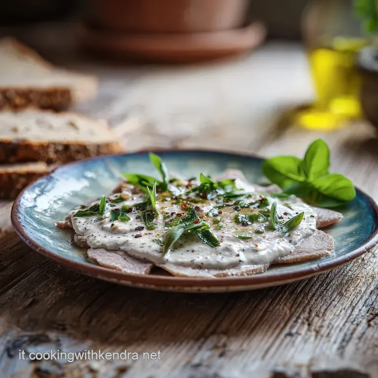 Elegant plate of thinly sliced veal with a smooth, creamy sauce, bright green parsley sprigs, and briny capers adding pops...