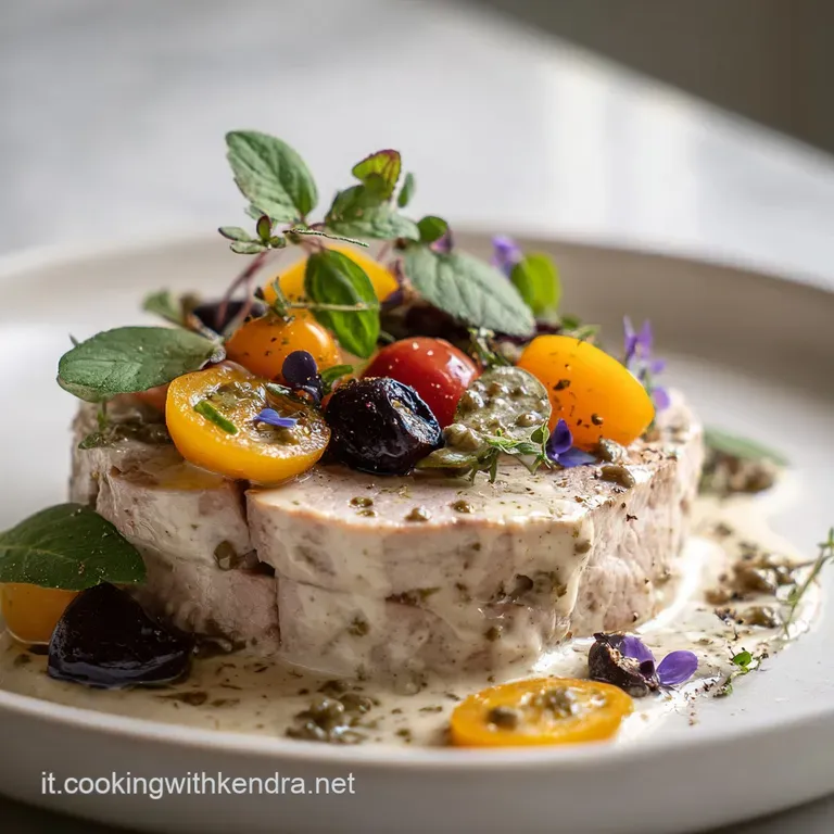 Elegant vitello tonnato with vibrant green parsley, capers, and a swirl of creamy sauce; a refined presentation of a class...