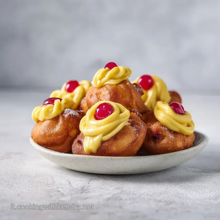 Pasticcini dorati disposti su un piatto bianco, con morbida crema vellutata e una spolverata di zucchero a velo finissimo.