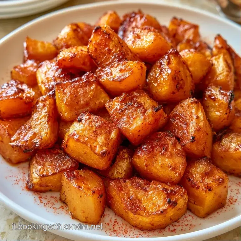 Cubetti di zucca caramellati disposti su un piatto ceramica scuro, contrasto tra l'arancio vivo e il fondo opaco e scuro.