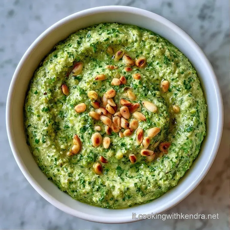 Zucchine verdi disposte con cura in un piatto bianco, condite con salsa al basilico densa e pinoli tostati croccanti.