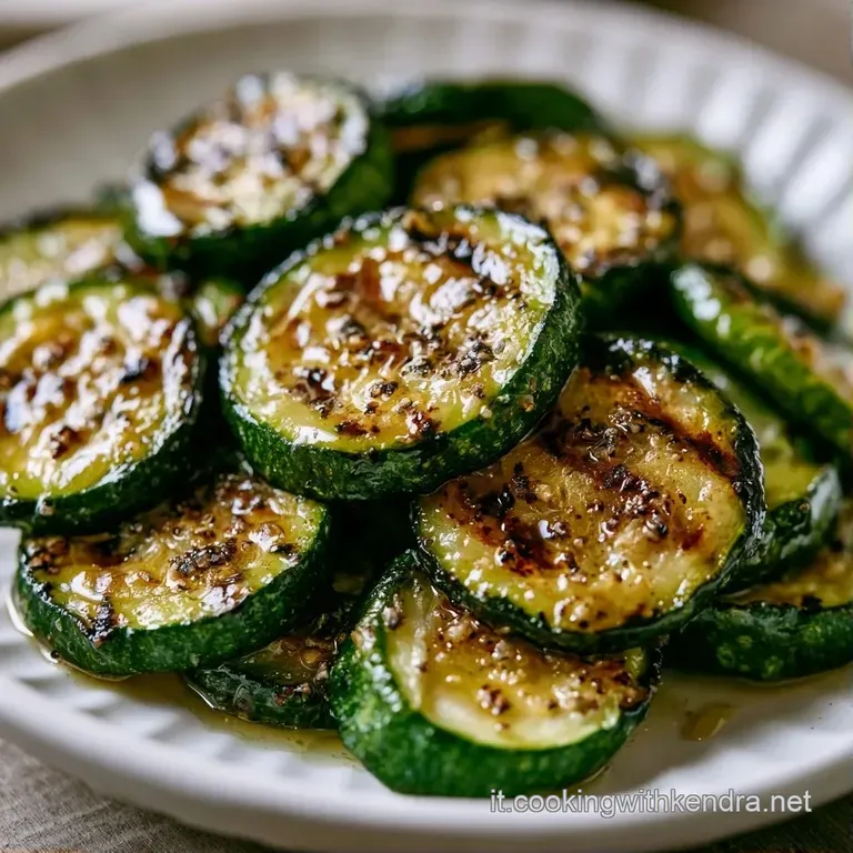 Zucchine grigliate disposte a raggiera su un piatto bianco, con gocce di olio dorato e un rametto di menta fresca sopra.