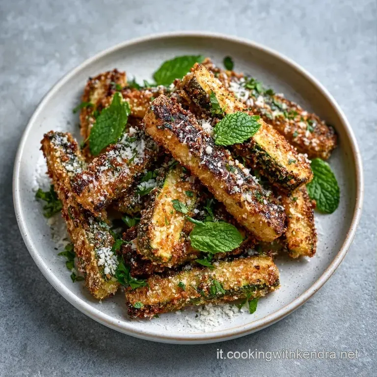 Zucchine verdi brillanti disposte con cura, leggermente abbrustolite, decorate con erbe fresche e un filo d'olio lucido.
