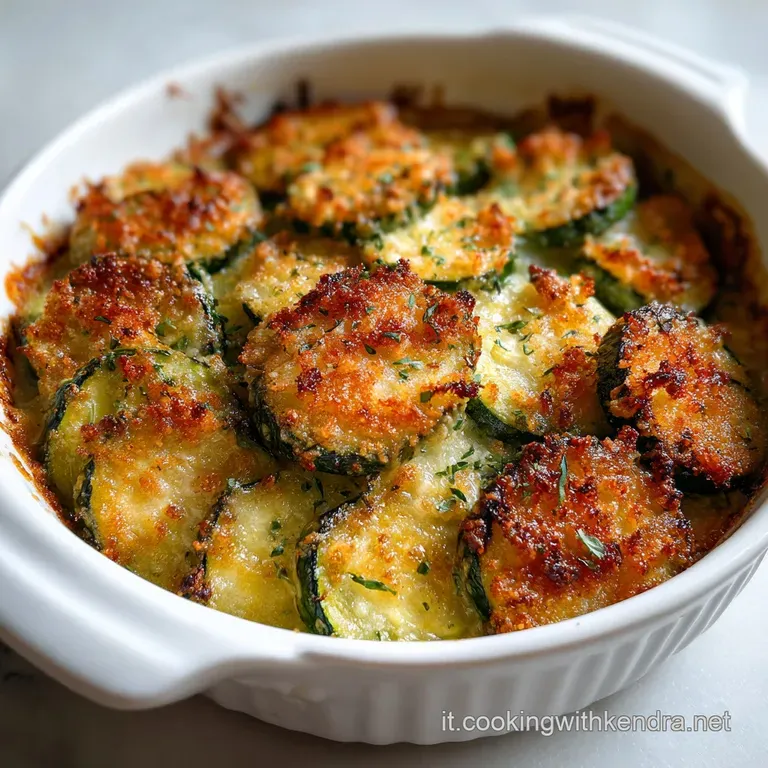 Elegant serving of zucchini gratin: golden, crusty top layer with soft, tender zucchini visible underneath. Sprig of fresh...
