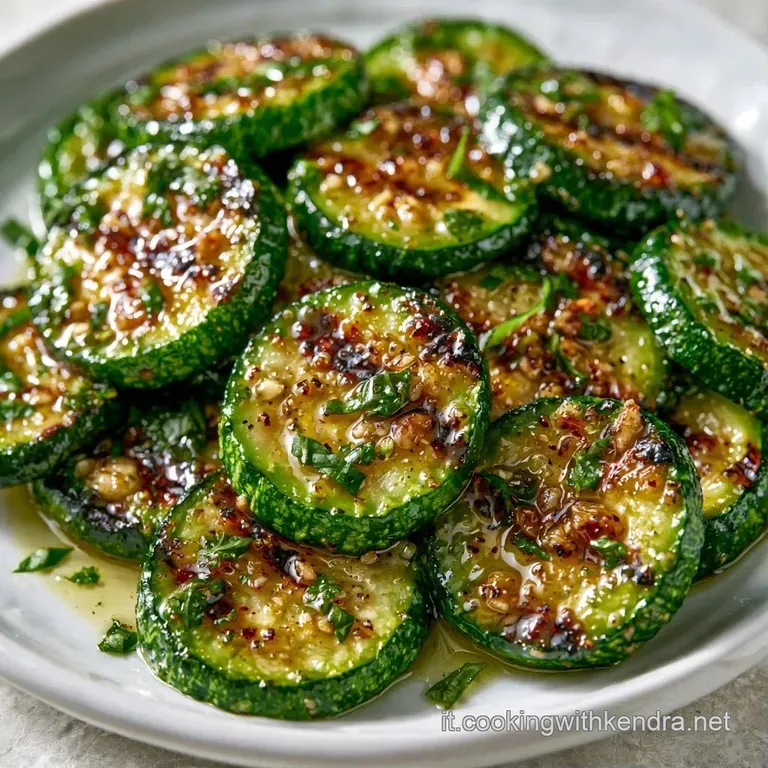 Sovrapposizione ordinata di zucchine grigliate verde brillante su piatto bianco, con gocce d'olio e aglio tritato.