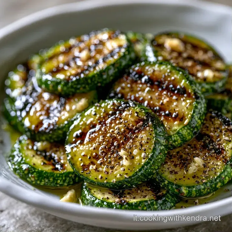 Zucchine grigliate disposte a ventaglio, decorate con erbe aromatiche fresche e un filo d'olio su un piatto ceramica.