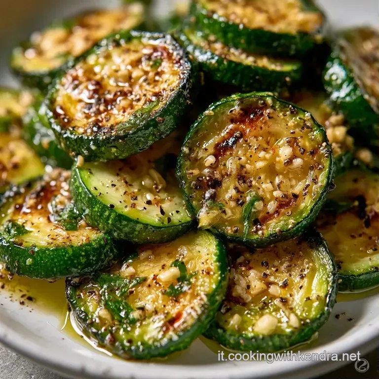 Zucchine verdi grigliate disposte a ventaglio, lucide d'olio extravergine, decorate con foglioline di menta fresca.