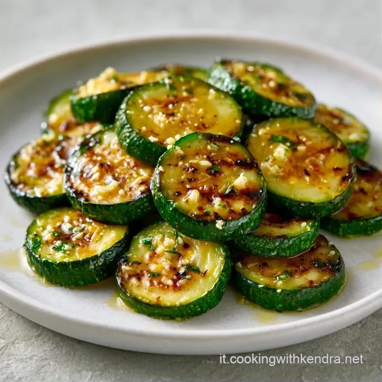 Zucchine grigliate disposte a ventaglio su piatto bianco, condite con olio dorato, aglio e un tocco di verde fresco.
