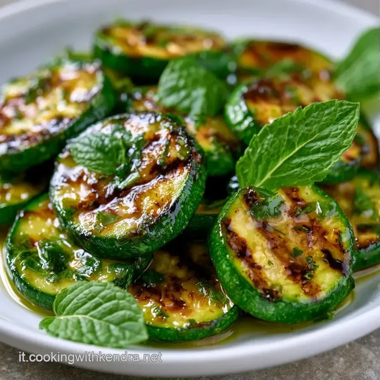 Disposizione ordinata di zucchine grigliate su piatto bianco, contrasto tra il verde brillante della menta e il bruno.