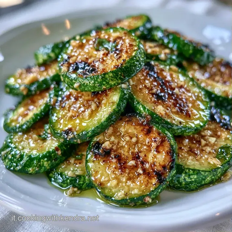 Zucchine grigliate disposte a ventaglio su piatto bianco, con contrasti di verde brillante, menta e olio lucido.