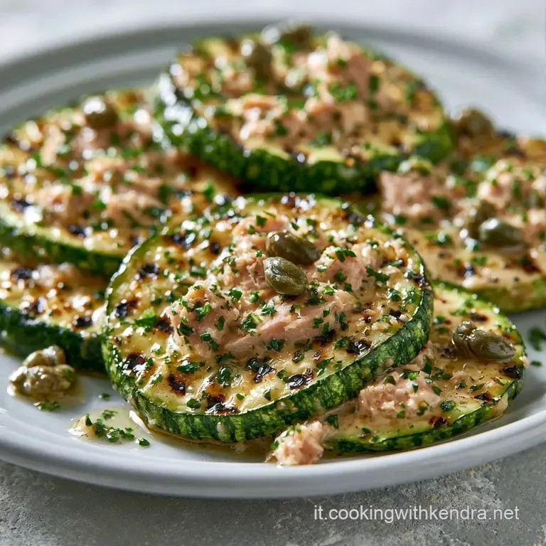 Disposizione curata di tonno rosato su zucchine verdi striate, con gocce d'olio dorato che brillano su un piatto bianco.