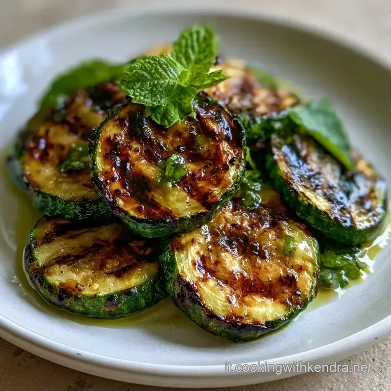 Zucchine grigliate disposte a ventaglio su un piatto moderno, colori verde brillante e bruciature leggere, chicche di sale.