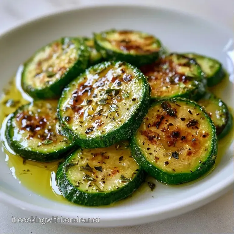 Zucchine grigliate disposte a spirale su un piatto bianco, lucide d'olio con un tocco di menta fresca e pepe nero.