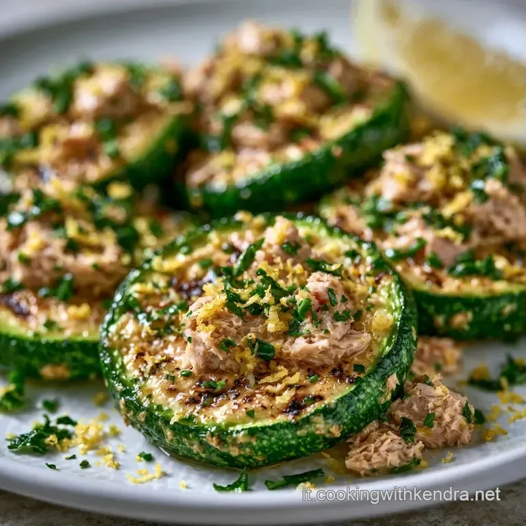 Disposizione ordinata di zucchine tenere e tonno sminuzzato in un piatto bianco, guarnite con fette di limone fresco.