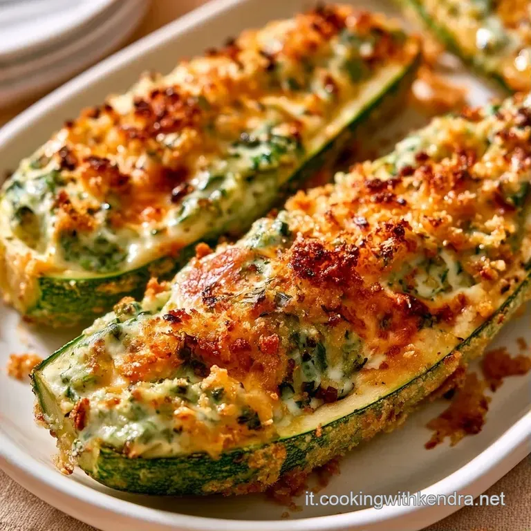 Zucchine verdi brillanti farcite con formaggio fuso e dorato, disposte con cura su un piatto di ceramica bianca lucida.