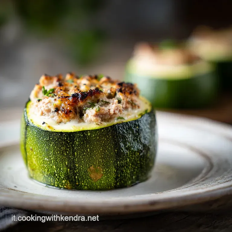 Stuffed zucchini round, halved, reveals a creamy filling flecked with herbs. A drizzle of oil adds shine. Elegant and appe...
