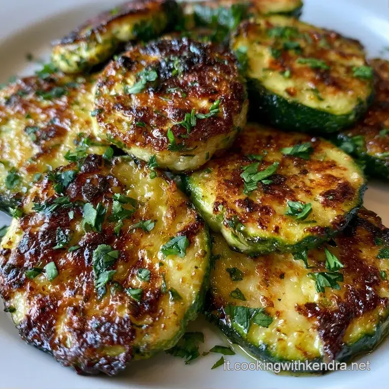 Zucchine a rondelle verde brillante disposte con cura in un piatto bianco, guarnite con erbe aromatiche e olio lucido.