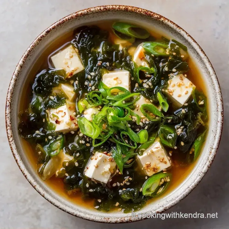 Ciotola di ceramica nera con zuppa calda, guarnita con alghe scure e fragili anelli di cipollotto verde fresco.